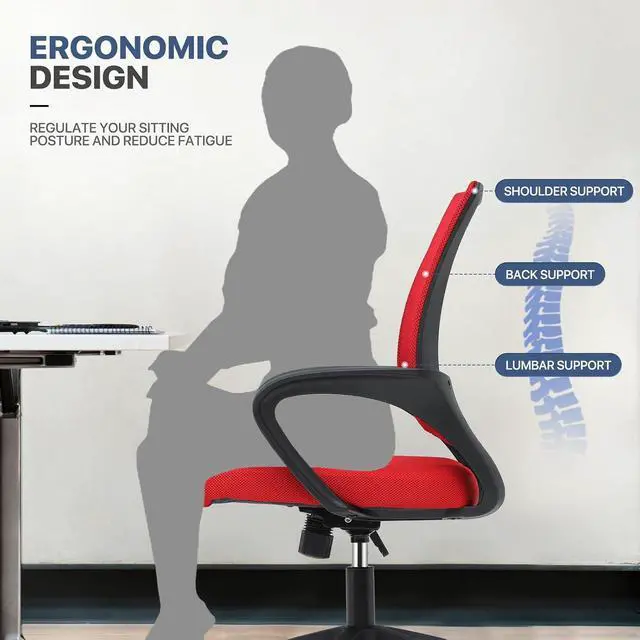 Alt view image 5 of 7 - Mesh Office Chair Set of 2, Ergonomic Computer Chair for Adults, Rolling Swivel Mid-Back Desk Chair with Lumbar Support, Comfy Armrest for Home Office, Gaming, Red