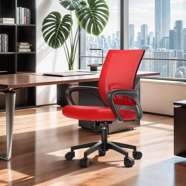 Alt view image 2 of 7 - Mesh Office Chair, Ergonomic Computer Chair for Adults, Rolling Swivel Mid-Back Desk Chair with Lumbar Support, Comfy Armrest for Home Office, Gaming, Red