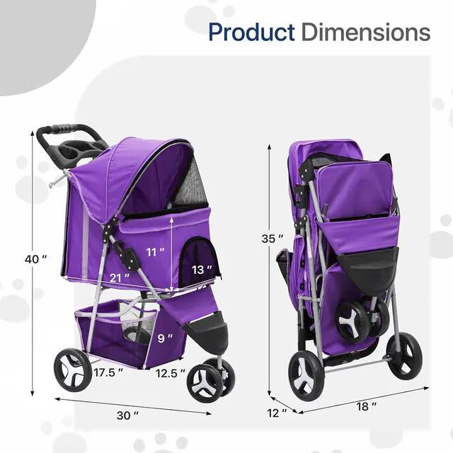 Alt view image 2 of 7 - Dog Stroller for Dogs and Cats, Foldable Pet Jogger Stroller with Cup Holders, Cat Stroller w/Bottom Storage for Pets up to 33 lbs, Purple