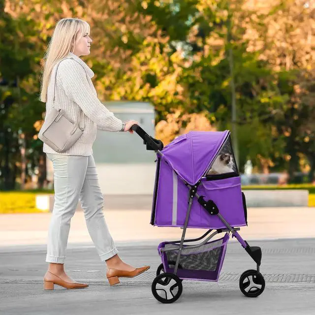Alt view image 3 of 7 - Dog Stroller for Dogs and Cats, Foldable Pet Jogger Stroller with Cup Holders, Cat Stroller w/Bottom Storage for Pets up to 33 lbs, Purple