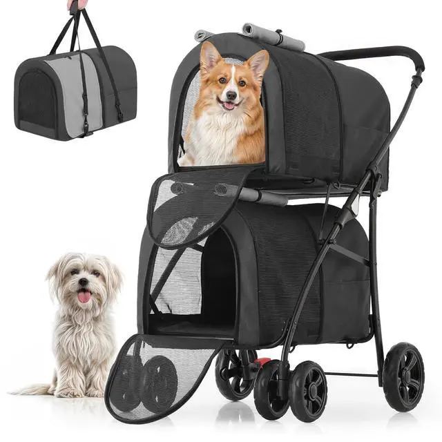 Main image of Double Dog Stroller with Detachable Carrier Bags Large 4 Wheels Foldable Jogger for Small and Medium Dog Cats, Black/Gray