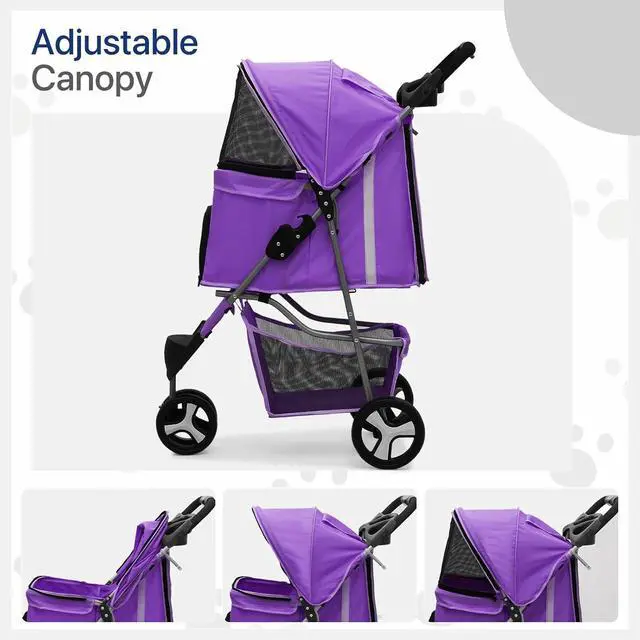 Alt view image 4 of 7 - Dog Stroller for Dogs and Cats, Foldable Pet Jogger Stroller with Cup Holders, Cat Stroller w/Bottom Storage for Pets up to 33 lbs, Purple
