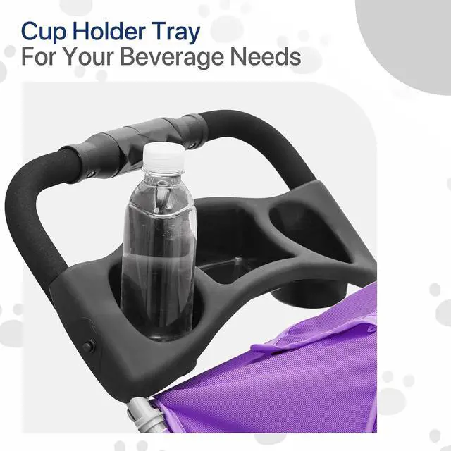 Alt view image 7 of 7 - Dog Stroller for Dogs and Cats, Foldable Pet Jogger Stroller with Cup Holders, Cat Stroller w/Bottom Storage for Pets up to 33 lbs, Purple