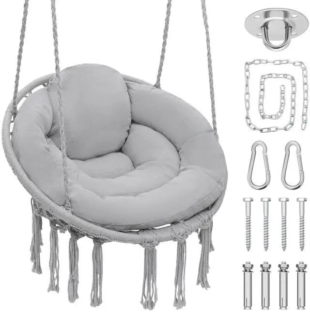 Main image of Hammock Chair w/Cushion for Indoor & Outdoor Relaxation, Single Seat, Durable Woven Cotton Ropes & Iron Frame, Perfect for Patio Garden Balcony, 350 lbs Capacity, Gray