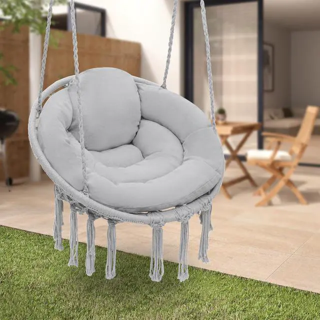 Alt view image 3 of 7 - Hammock Chair w/Cushion for Indoor & Outdoor Relaxation, Single Seat, Durable Woven Cotton Ropes & Iron Frame, Perfect for Patio Garden Balcony, 350 lbs Capacity, Gray