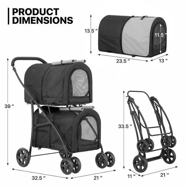 Alt view image 3 of 7 - Double Dog Stroller with Detachable Carrier Bags Large 4 Wheels Foldable Jogger for Small and Medium Dog Cats, Black/Gray