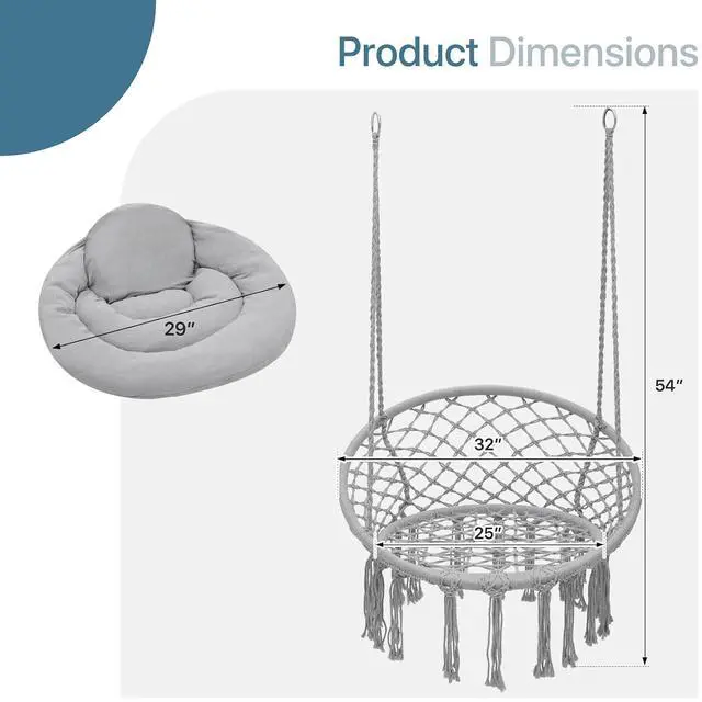 Alt view image 2 of 7 - Hammock Chair w/Cushion for Indoor & Outdoor Relaxation, Single Seat, Durable Woven Cotton Ropes & Iron Frame, Perfect for Patio Garden Balcony, 350 lbs Capacity, Gray