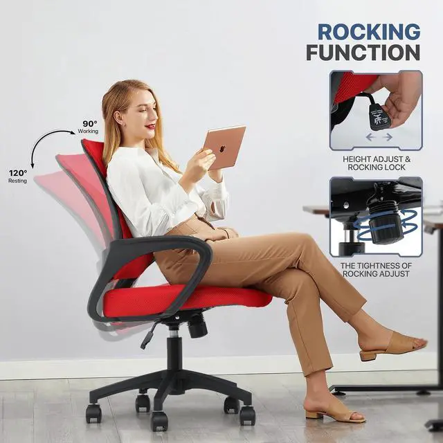 Alt view image 6 of 7 - Mesh Office Chair Set of 2, Ergonomic Computer Chair for Adults, Rolling Swivel Mid-Back Desk Chair with Lumbar Support, Comfy Armrest for Home Office, Gaming, Red