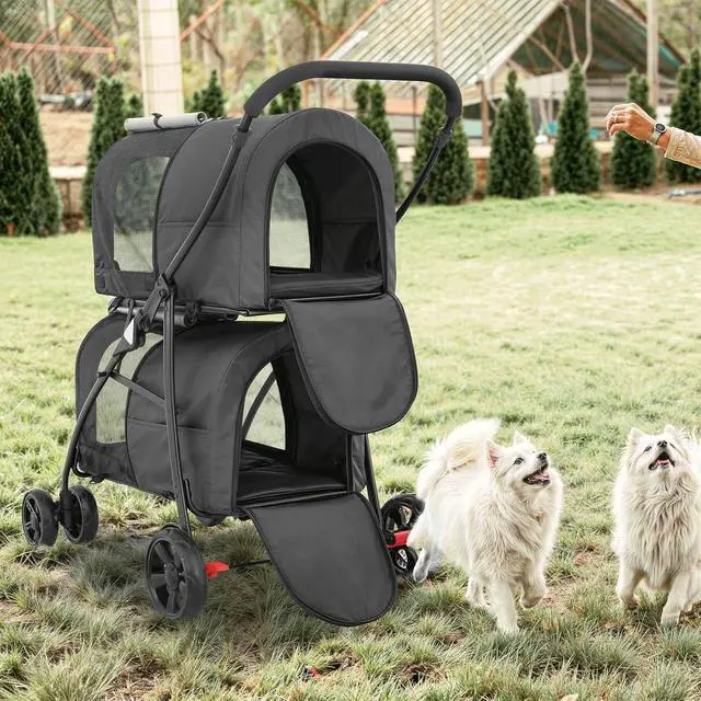 Alt view image 4 of 7 - Double Dog Stroller with Detachable Carrier Bags Large 4 Wheels Foldable Jogger for Small and Medium Dog Cats, Black/Gray