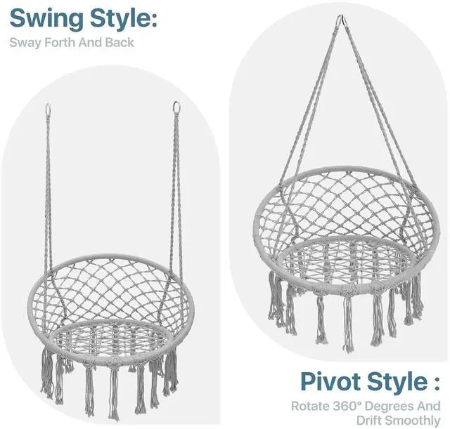 Alt view image 5 of 7 - Hammock Chair w/Cushion for Indoor & Outdoor Relaxation, Single Seat, Durable Woven Cotton Ropes & Iron Frame, Perfect for Patio Garden Balcony, 350 lbs Capacity, Gray
