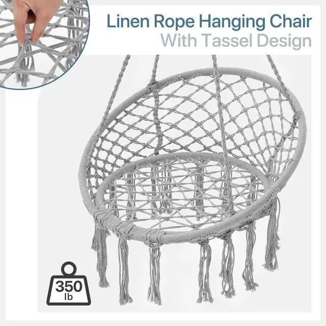 Alt view image 6 of 7 - Hammock Chair w/Cushion for Indoor & Outdoor Relaxation, Single Seat, Durable Woven Cotton Ropes & Iron Frame, Perfect for Patio Garden Balcony, 350 lbs Capacity, Gray