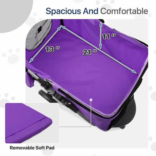 Alt view image 6 of 7 - Dog Stroller for Dogs and Cats, Foldable Pet Jogger Stroller with Cup Holders, Cat Stroller w/Bottom Storage for Pets up to 33 lbs, Purple