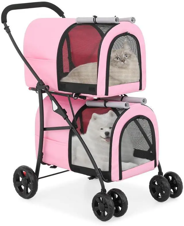 Main image of Double Dog Stroller with Detachable Carrier Bags Large 4 Wheels Foldable Jogger for Small and Medium Dog Cats, Pink/Gray