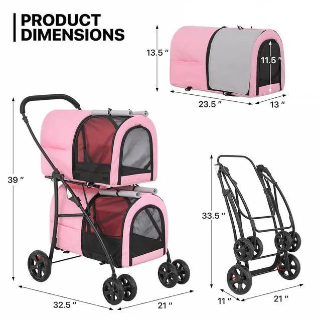 Alt view image 2 of 7 - Double Dog Stroller with Detachable Carrier Bags Large 4 Wheels Foldable Jogger for Small and Medium Dog Cats, Pink/Gray