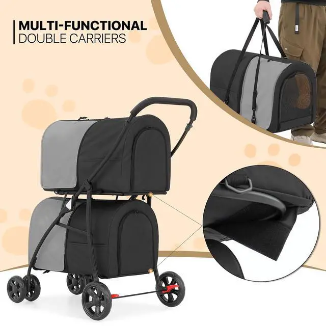 Alt view image 6 of 7 - Double Dog Stroller with Detachable Carrier Bags Large 4 Wheels Foldable Jogger for Small and Medium Dog Cats, Black/Gray