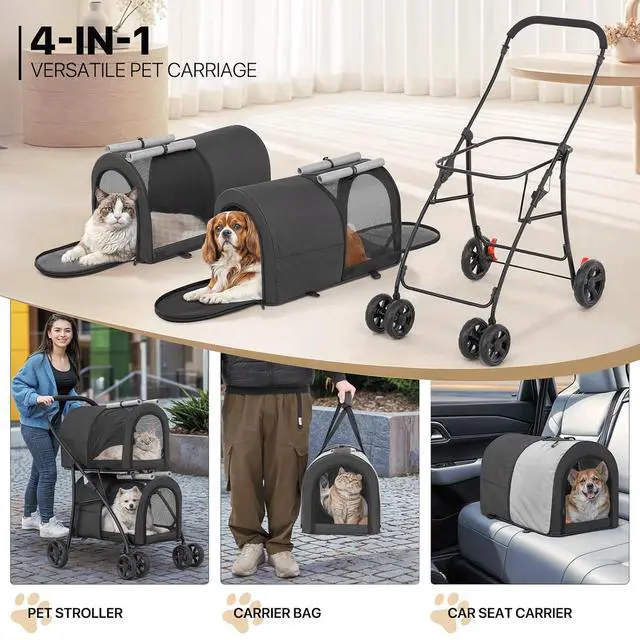 Alt view image 5 of 7 - Double Dog Stroller with Detachable Carrier Bags Large 4 Wheels Foldable Jogger for Small and Medium Dog Cats, Black/Gray