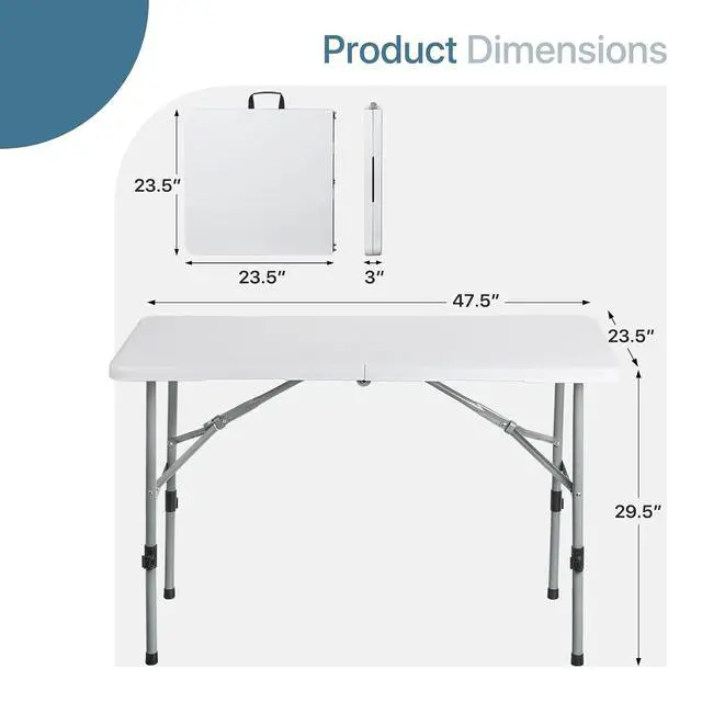 Alt view image 3 of 7 - Plastic Folding Camping Table, Indoor Outdoor Collapsible Rectangle Dining Table, Portable Fold-in-Half Utility Table w/Handle for Party Wedding, White, 48 Inch