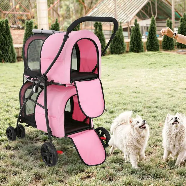 Alt view image 4 of 7 - Double Dog Stroller with Detachable Carrier Bags Large 4 Wheels Foldable Jogger for Small and Medium Dog Cats, Pink/Gray