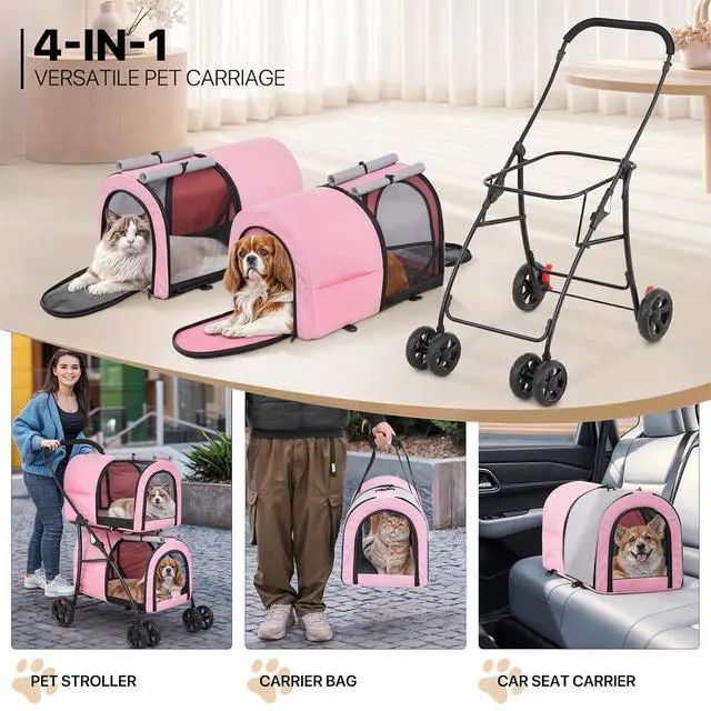 Alt view image 5 of 7 - Double Dog Stroller with Detachable Carrier Bags Large 4 Wheels Foldable Jogger for Small and Medium Dog Cats, Pink/Gray