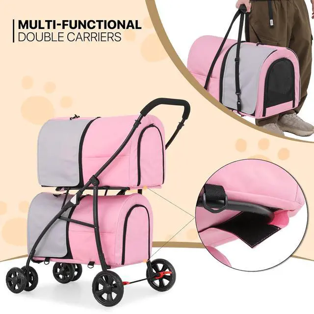 Alt view image 6 of 7 - Double Dog Stroller with Detachable Carrier Bags Large 4 Wheels Foldable Jogger for Small and Medium Dog Cats, Pink/Gray