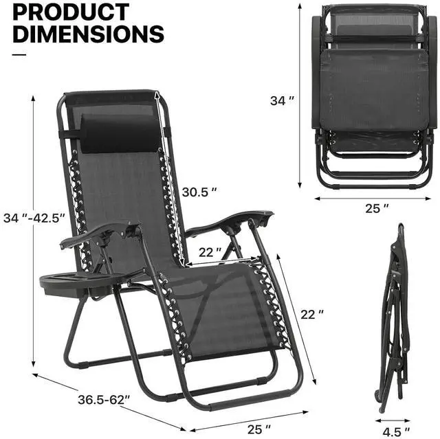 Alt view image 3 of 7 - Zero Gravity Chair Outdoor Folding Patio Lounge Chair for Outside Reclining Lawn Chair Recliner Beach Chair for Adults, Black