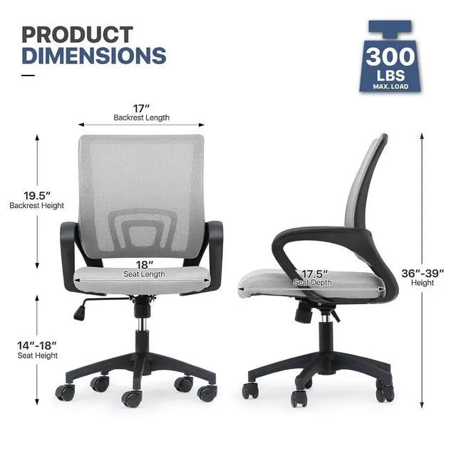 Alt view image 3 of 7 - Mesh Office Chair, Ergonomic Computer Chair for Adults, Rolling Swivel Mid-Back Desk Chair with Lumbar Support, Comfy Armrest for Home Office, Gaming, Light Gray 10 Pack