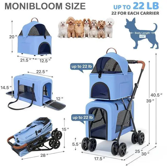 Alt view image 2 of 7 - Double Dog Stroller with Detachable Carriers, 2 in 1 Pet Stroller for Small Medium Dogs Cats, One-Hand Fold Lightweight Pet Buggy with Storage Basket & Canopy