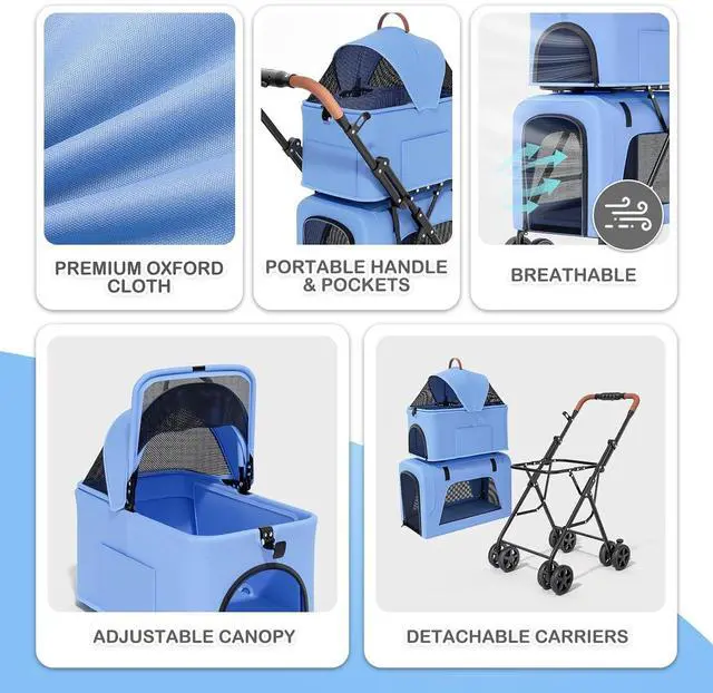 Alt view image 3 of 7 - Double Dog Stroller with Detachable Carriers, 2 in 1 Pet Stroller for Small Medium Dogs Cats, One-Hand Fold Lightweight Pet Buggy with Storage Basket & Canopy
