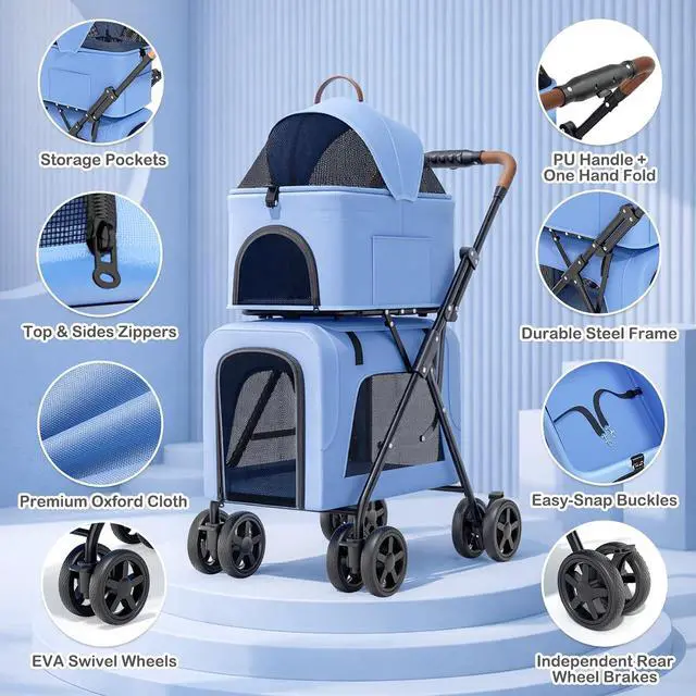 Alt view image 4 of 7 - Double Dog Stroller with Detachable Carriers, 2 in 1 Pet Stroller for Small Medium Dogs Cats, One-Hand Fold Lightweight Pet Buggy with Storage Basket & Canopy