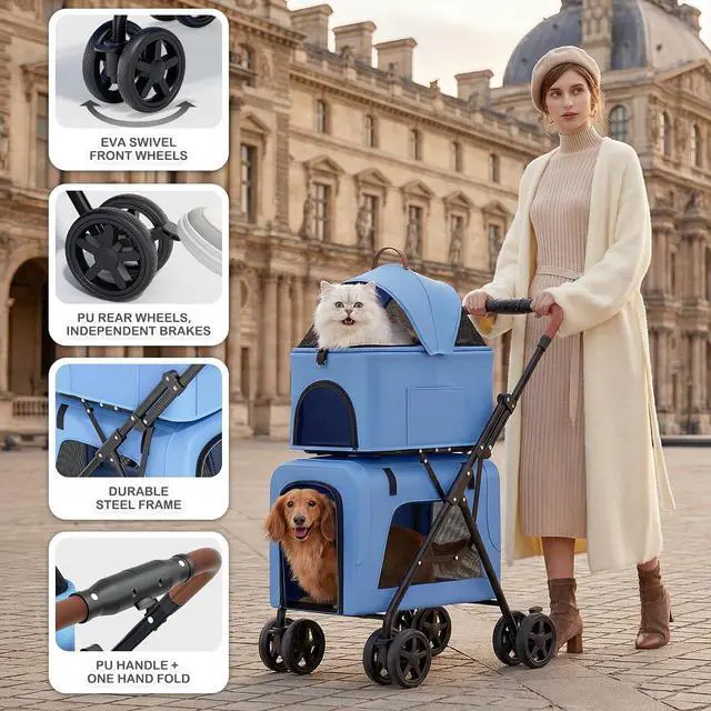 Alt view image 6 of 7 - Double Dog Stroller with Detachable Carriers, 2 in 1 Pet Stroller for Small Medium Dogs Cats, One-Hand Fold Lightweight Pet Buggy with Storage Basket & Canopy