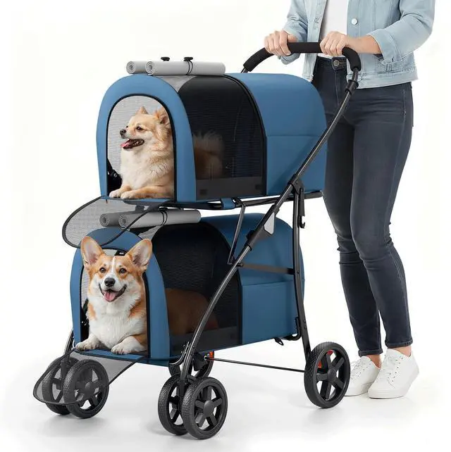 Main image of Double Dog Stroller with Detachable Carrier Bags Large 4 Wheels Foldable Jogger for Small and Medium Dog Cats, Navy Blue/Gray