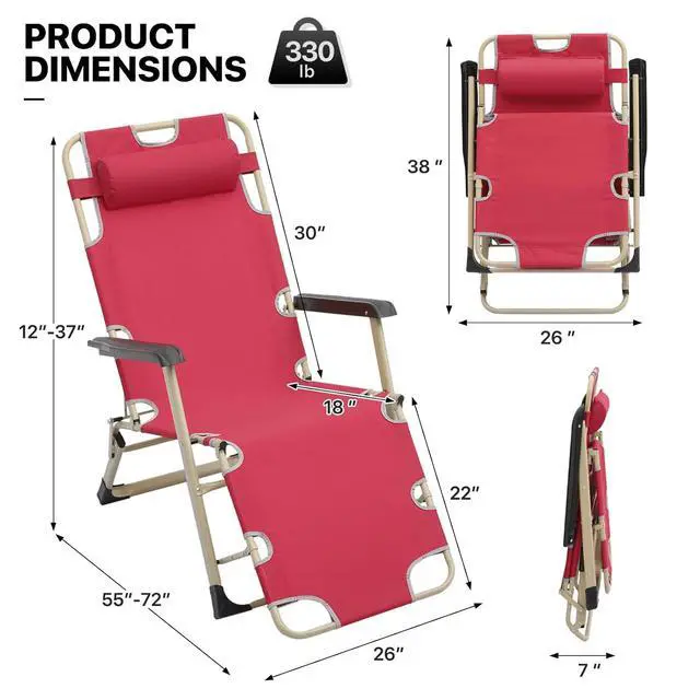 Alt view image 3 of 6 - Folding Reclining Patio Chair, 3-Position Patio Lounger Folding Chairs with Adjustable Backrest and Headrest for Backyard Poolside Lawn, 330lbs Capacity