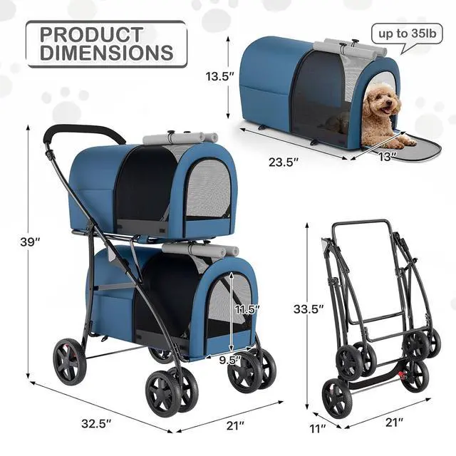Alt view image 2 of 7 - Double Dog Stroller with Detachable Carrier Bags Large 4 Wheels Foldable Jogger for Small and Medium Dog Cats, Navy Blue/Gray
