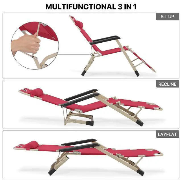 Alt view image 6 of 6 - Folding Reclining Patio Chair, 3-Position Patio Lounger Folding Chairs with Adjustable Backrest and Headrest for Backyard Poolside Lawn, 330lbs Capacity