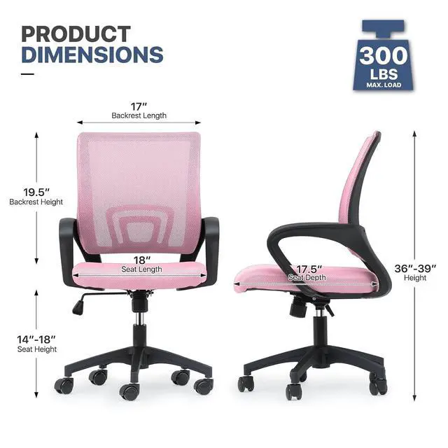 Alt view image 3 of 7 - Mesh Office Chair, Ergonomic Computer Chair for Adults, Rolling Swivel Mid-Back Desk Chair with Lumbar Support, Comfy Armrest for Home Office, Gaming, Pink