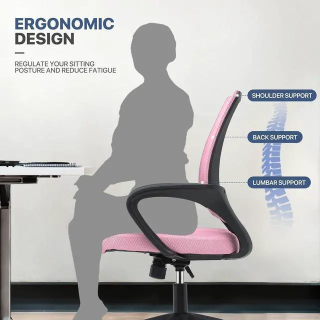 Alt view image 5 of 7 - Mesh Office Chair, Ergonomic Computer Chair for Adults, Rolling Swivel Mid-Back Desk Chair with Lumbar Support, Comfy Armrest for Home Office, Gaming, Pink
