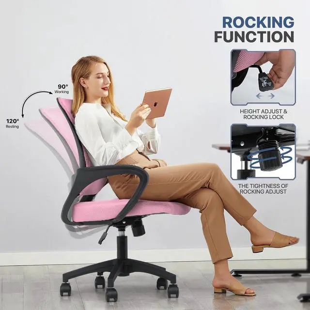 Alt view image 6 of 7 - Mesh Office Chair Set of 2, Ergonomic Computer Chair for Adults, Rolling Swivel Mid-Back Desk Chair with Lumbar Support, Comfy Armrest for Home Office, Gaming, Pink