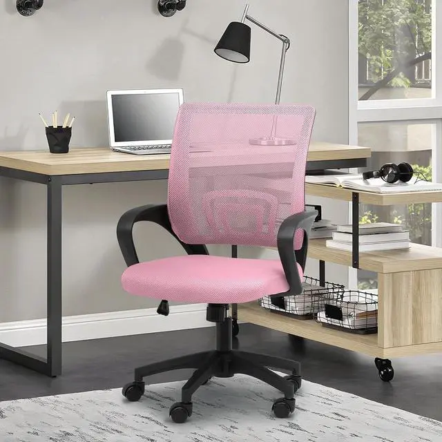 Alt view image 2 of 7 - Mesh Office Chair, Ergonomic Computer Chair for Adults, Rolling Swivel Mid-Back Desk Chair with Lumbar Support, Comfy Armrest for Home Office, Gaming, Pink 10 Pack