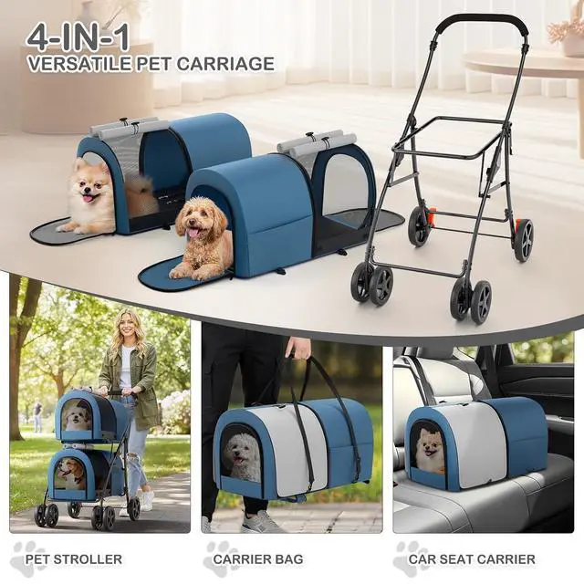 Alt view image 5 of 7 - Double Dog Stroller with Detachable Carrier Bags Large 4 Wheels Foldable Jogger for Small and Medium Dog Cats, Navy Blue/Gray