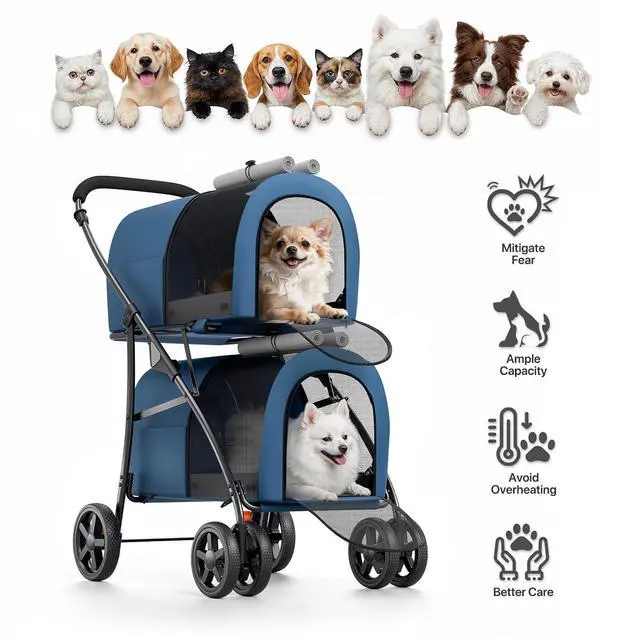 Alt view image 6 of 7 - Double Dog Stroller with Detachable Carrier Bags Large 4 Wheels Foldable Jogger for Small and Medium Dog Cats, Navy Blue/Gray