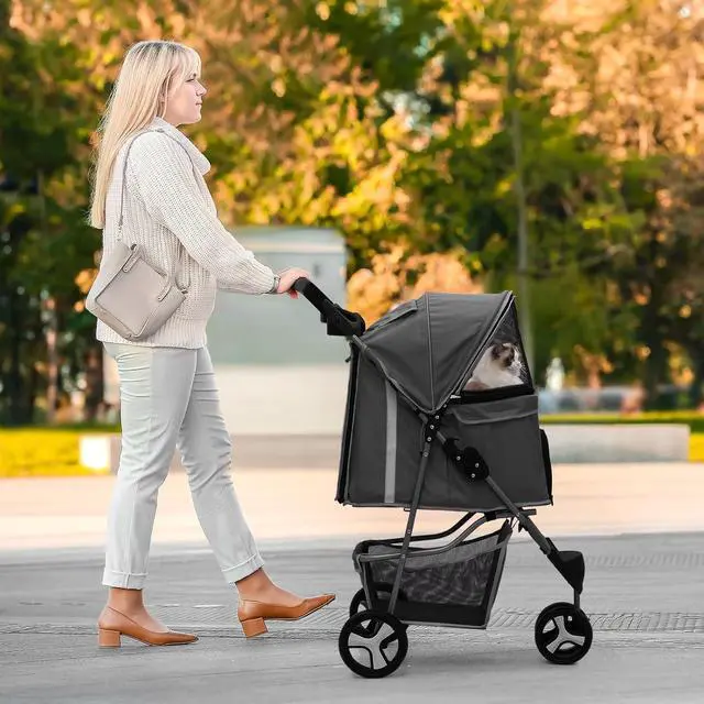 Alt view image 3 of 6 - Dog Stroller for Dogs and Cats, Foldable Pet Jogger Stroller with Cup Holders, Cat Stroller w/Bottom Storage for Pets up to 33 lbs, Black
