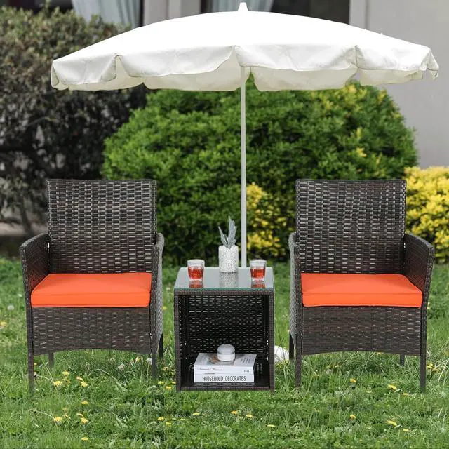 Alt view image 3 of 7 - 3 Pieces Outdoor Patio Furniture Set PE Rattan Wicker All Weather Chairs and Glass Table for Garden Backyard Balcony Deck Porch Pool Yard Lawn, Orange