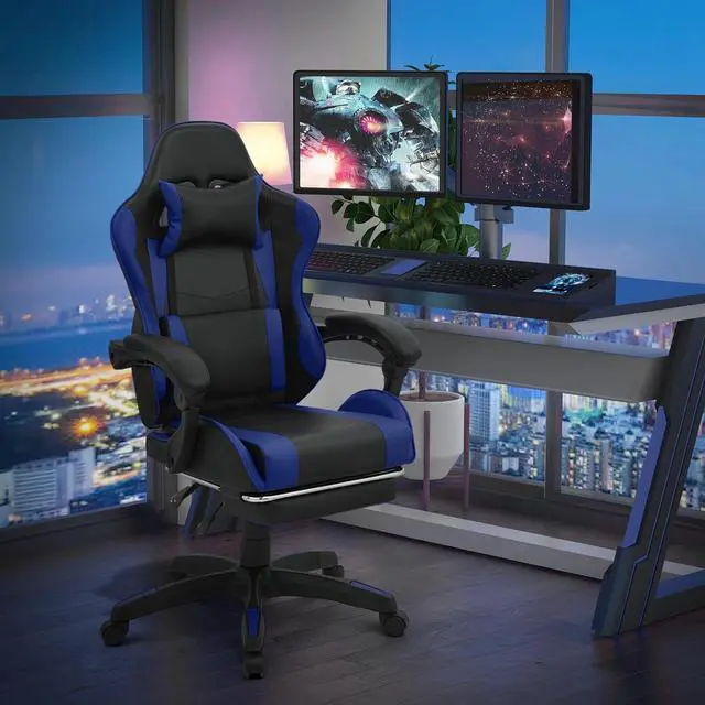 Main image of Gaming Chair with Footrest, Ergonomic High Back Leather Gamer Chair, Adjustable Height & Recline Swivel Office Chair for Office & Gaming, Teens & Adults (Blue)