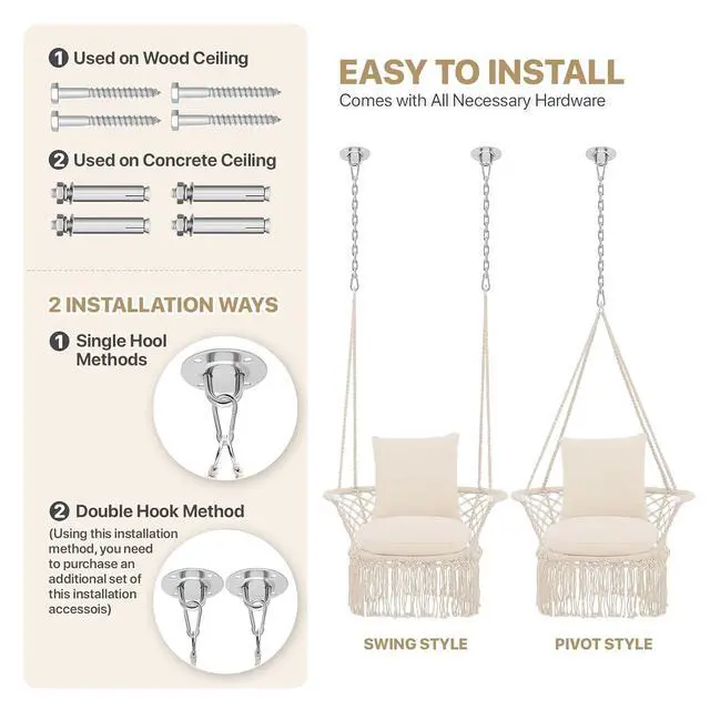 Alt view image 6 of 7 - Macrame Hanging Swing Chair with Cushions, Boho Style Cotton Rope Mesh Hammock Chair with Tassels Max 350 lbs for Indoor/Outdoor Macrame Swing for Living Room, Porch, and Patio