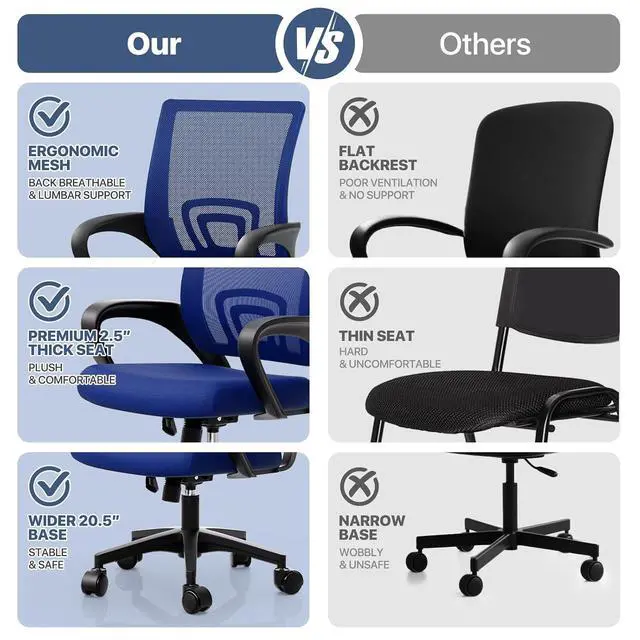 Alt view image 4 of 7 - Mesh Office Chair Set of 2, Ergonomic Computer Chair for Adults, Rolling Swivel Mid-Back Desk Chair with Lumbar Support, Comfy Armrest for Home Office, Gaming, Blue