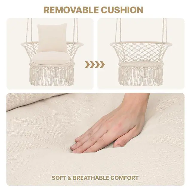 Alt view image 4 of 7 - Macrame Hanging Swing Chair with Cushions, Boho Style Cotton Rope Mesh Hammock Chair with Tassels Max 350 lbs for Indoor/Outdoor Macrame Swing for Living Room, Porch, and Patio