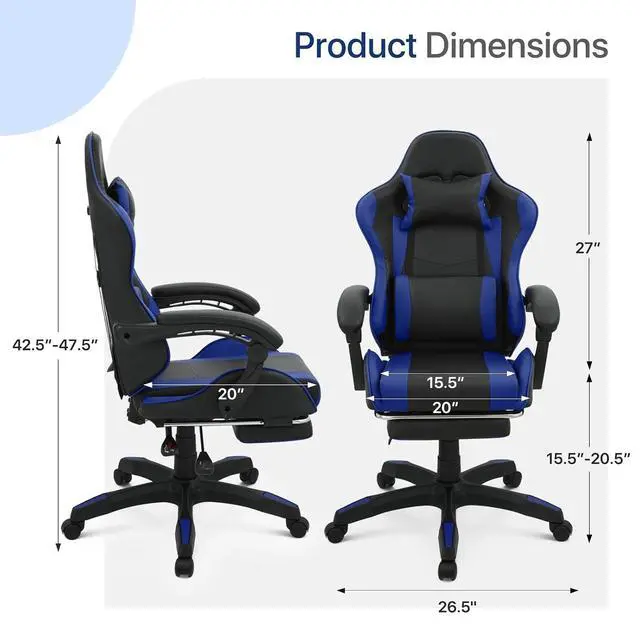Alt view image 2 of 6 - Gaming Chair with Footrest, Ergonomic High Back Leather Gamer Chair, Adjustable Height & Recline Swivel Office Chair for Office & Gaming, Teens & Adults (Blue)