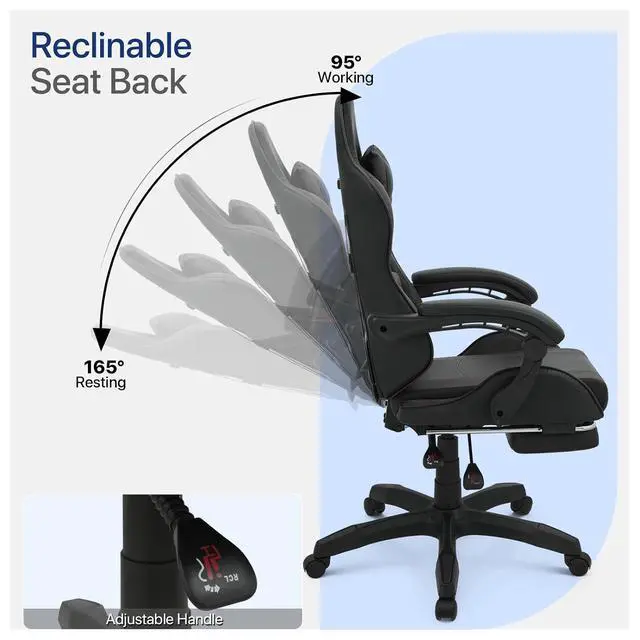 Alt view image 4 of 6 - Gaming Chair with Footrest, Ergonomic High Back Leather Gamer Chair, Adjustable Height & Recline Swivel Office Chair for Office & Gaming, Teens & Adults (Blue)