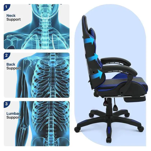 Alt view image 3 of 6 - Gaming Chair with Footrest, Ergonomic High Back Leather Gamer Chair, Adjustable Height & Recline Swivel Office Chair for Office & Gaming, Teens & Adults (Blue)