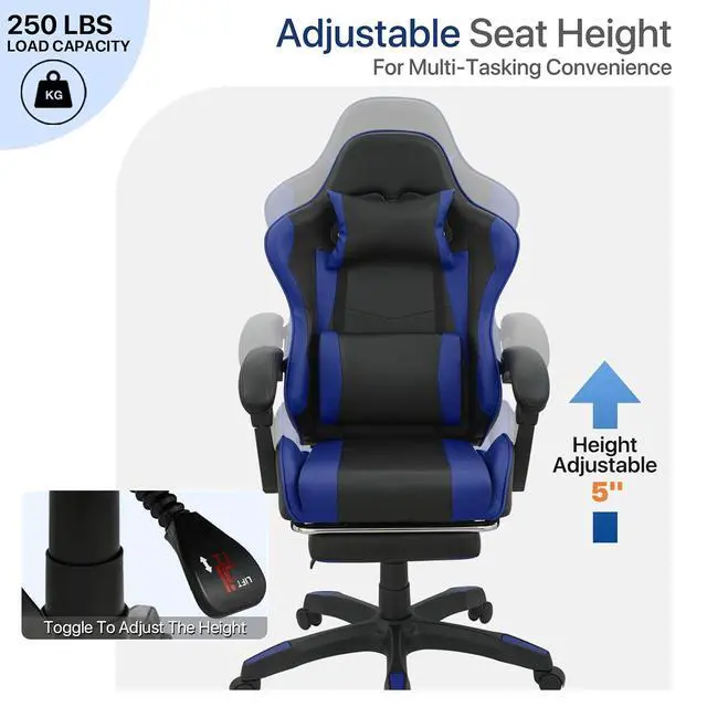 Alt view image 5 of 6 - Gaming Chair with Footrest, Ergonomic High Back Leather Gamer Chair, Adjustable Height & Recline Swivel Office Chair for Office & Gaming, Teens & Adults (Blue)